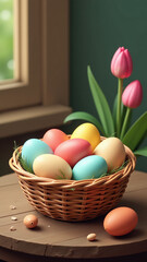 natural dyed eggs foods placed wicker basket buxus rustic wooden