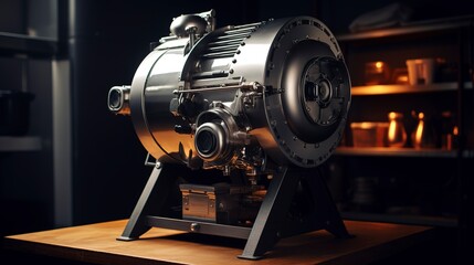 Fototapeta premium A photo of an empty compact drum roaster on a table. ,