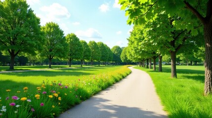 A tranquil pathway meanders through a vibrant park, lined with lush green trees and bordered by a colorful display of wildflowers under a bright, sunny sky.