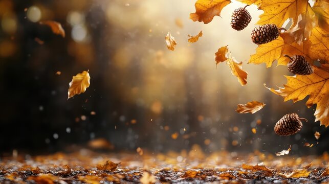 A serene image capturing the beauty of autumn leaves and pine cones softly falling, celebrating the seasonal transition and the peaceful essence of nature in motion.