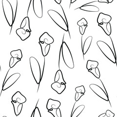 seamless pattern with calla lily flower icons from stems in line art style drawn with original outline arranged randomly, for logos, designs or ornaments
