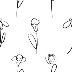 seamless pattern of various flowers drawn in line art style drawn with different outline, for logos and various designs