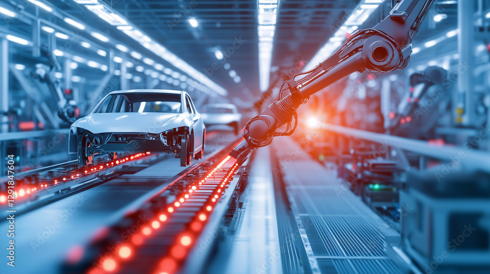 Poster autonomous robot arms assembling electric car frames in factory