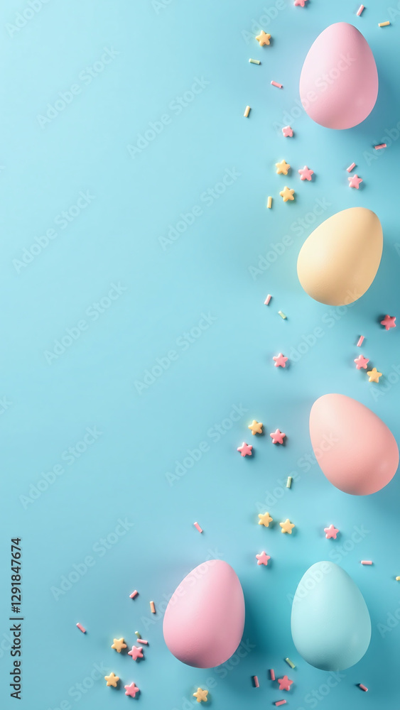 Poster pastel colored easter eggs sprinkles blue background empty space create visually appealing compositi