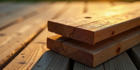 Golden Hour Lumber Two Planks of Untreated Wood Resting on a Wooden Surface
