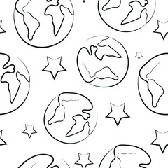seamless pattern with simple icons of planet earth in line art style drawn with original contour arranged randomly, for logos and various designs