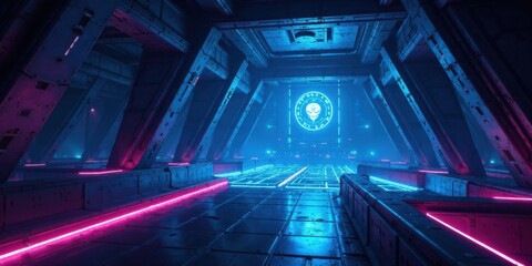 Fototapeta premium Futuristic Neon-Lit Corridor Leading to an Enigmatic Alien Symbol within a Mysterious Structure