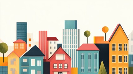 Colorful cityscape illustration featuring a blend of modern and traditional architecture.