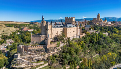 Aerial view of the Alcázar of Segovia, a medieval castle built on a rocky crag in Castile and León, Spain