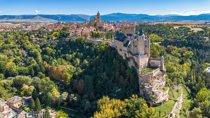 Aerial view of the Alcázar of Segovia, a medieval castle built on a rocky crag in Castile and León, Spain