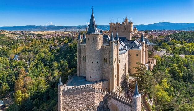 Aerial view of the Alc&aacute;zar of Segovia, a medieval castle built on a rocky crag in Castile and Le&oacute;n, Spain