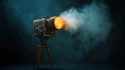 An antique film projector stands proudly, emitting a beam of light through smoke, reminiscent of the golden age of cinema and evoking nostalgia for classic film experiences.