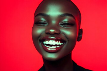 Short trim - bald head - no hair. Attractive happy black girl - for ads, drive poster and social networks use. Commercial ad campaign creative art. Artistic african american elegance.
