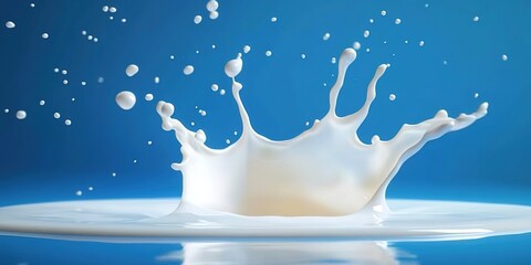 Milk splash isolated on a blue background, photorealistic, product photography, studio lighting