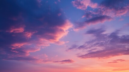 Obraz premium A breathtaking sunset sky painted in shades of pink, purple, and blue with soft, fluffy clouds accentuating the serene atmosphere.