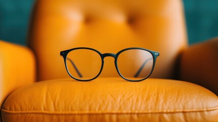 These eyeglasses rest on a vibrant orange chair, exemplifying a blend of modern style and comfort, emphasizing trends in eyewear and interior design.