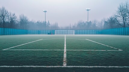 Soccer pitch illuminated by floodlights at night