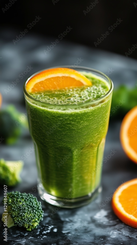 Poster refreshing green smoothie with oranges and broccoli on a dark textured background