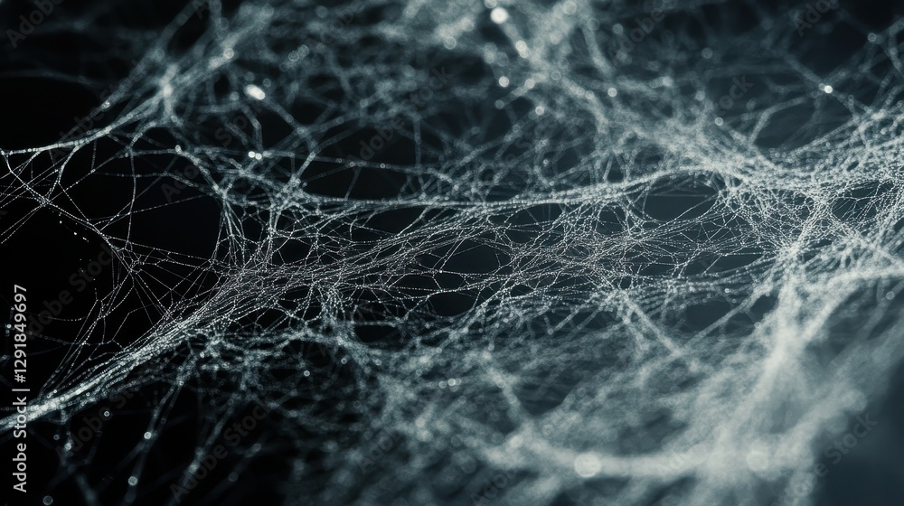 Wall mural intricate web of fine threads glistening against a dark background, creating a captivating and myste
