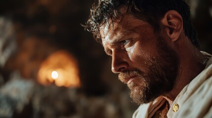 A deep, introspective look at a rugged warrior with piercing blue eyes, captured amidst shadows, representing reflection, strength, and the human experience in harsh environments.