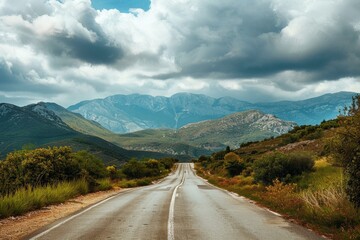 Fototapeta premium Scenic mountain landscape with a winding road under a dramatic sky in early afternoon light