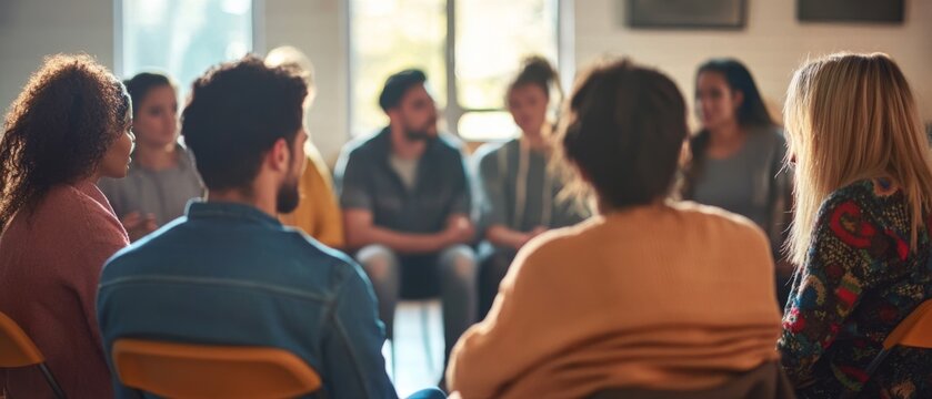 A diverse group sits in a circle, engaging in an open discussion, fostering a collaborative atmosphere for shared learning and support.