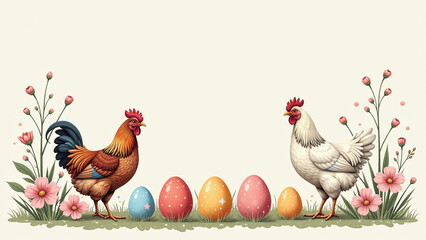 rustic chickens eggs spring blooms vintage easter sketch festive elements christian illustration