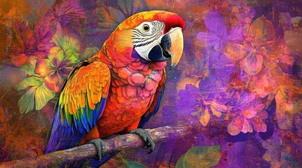 Colorful parrot perched on branch amidst vibrant flowers