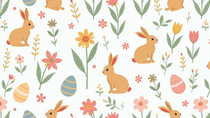 Naklejka premium seamless easter pattern featuring bunnies eggs flowers vector illustration style available commercial