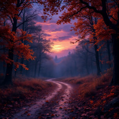 Obraz premium Sunlit Path Winding Through an Autumn Forest at Golden Hour