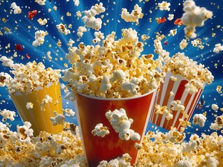 Friends sharing a large bucket of popcorn during a movie, laughing and enjoying the film together