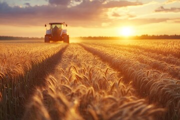Tractor working on wheat field during golden sunset in summer