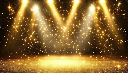 Golden stage background with spotlights and golden glittering particles, shining on the floor, an award ceremony backdrop, illustration