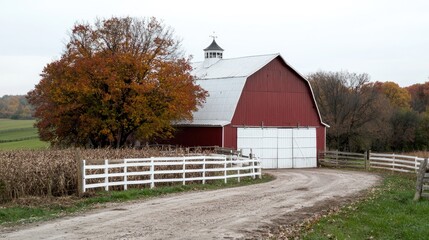 Red Barn on Country Road in Autumn