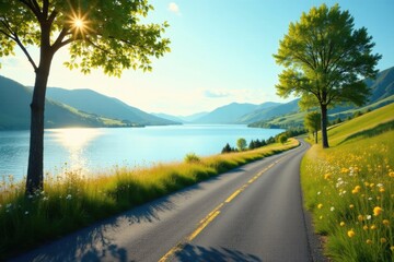 Fototapeta premium Serene Lakeside Road Trip Winding Asphalt Path Through Lush Meadows and Sun-Kissed Trees Beside a Calm Lake with Majestic Mountain Scenery
