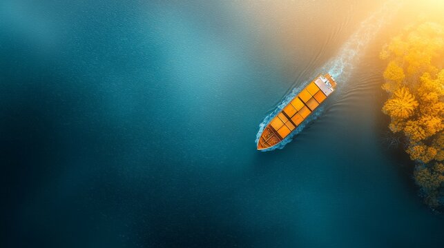 Container ship navigating calm waters at sunrise transport industry aerial view serene natural environment maritime activity