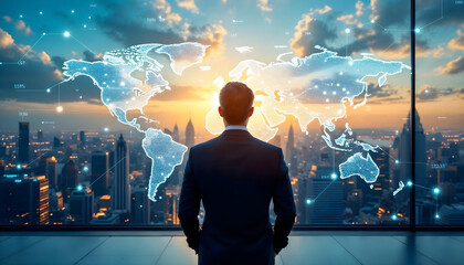 businessman standing in front of large window, futuristic city skyline, digital world map overlay