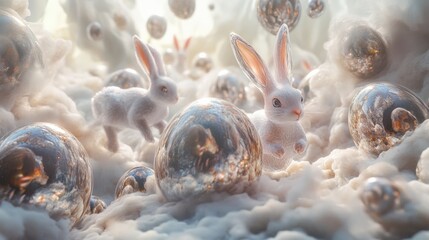 Dreamlike Landscape With Floating Eggs and Glass Rabbits in Ethereal Light. Generative AI
