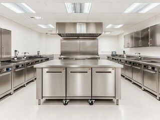 Modern industrial kitchen setup restaurant interior design clean environment wide angle culinary efficiency