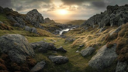 Rocky mountain pass at sunset, stream flowing through valley.  Possible use Nature wallpaper