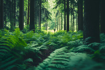 Obraz premium A pine forest with dense green ferns and tall trees