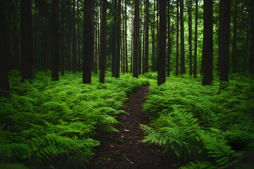 Fototapeta premium A pine forest with dense green ferns and tall trees