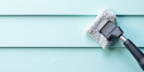 Cleaning Tool with Microfiber Pad on Light Blue Wood Surface