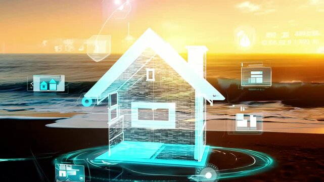 A digital holographic house on a beach with futuristic icons, symbolizing the integration of smart home technology by the ocean.
