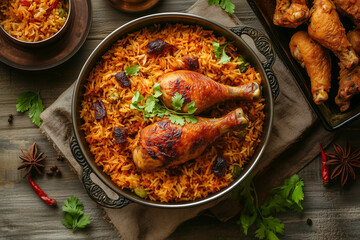 A top angle view of delicicous ramadan chicken biriyani.
Chicken biriyani with fried chicken legs decorated wit green leaves in a traditional brass bowl.