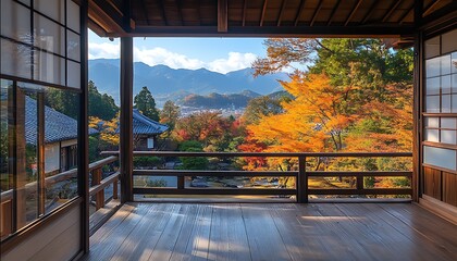 Autumn Japanese Garden View from Wooden House