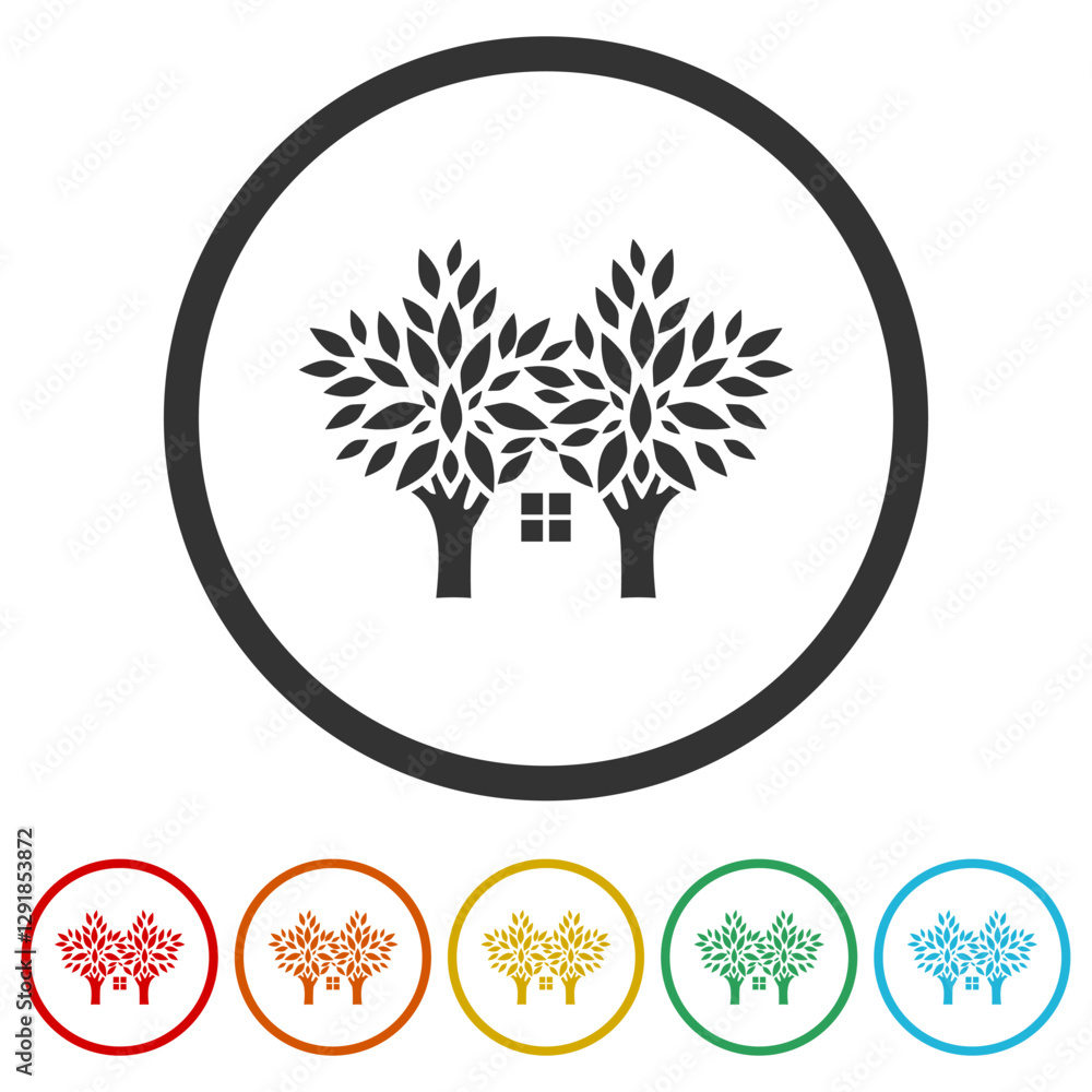 Poster house and tree icon. set icons in color circle buttons