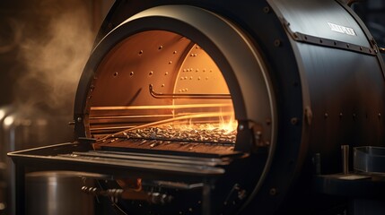 A photo of an empty drum roaster with an open top.