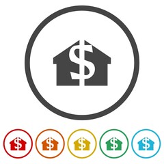 Dollar house icon. Set icons in color circle buttons