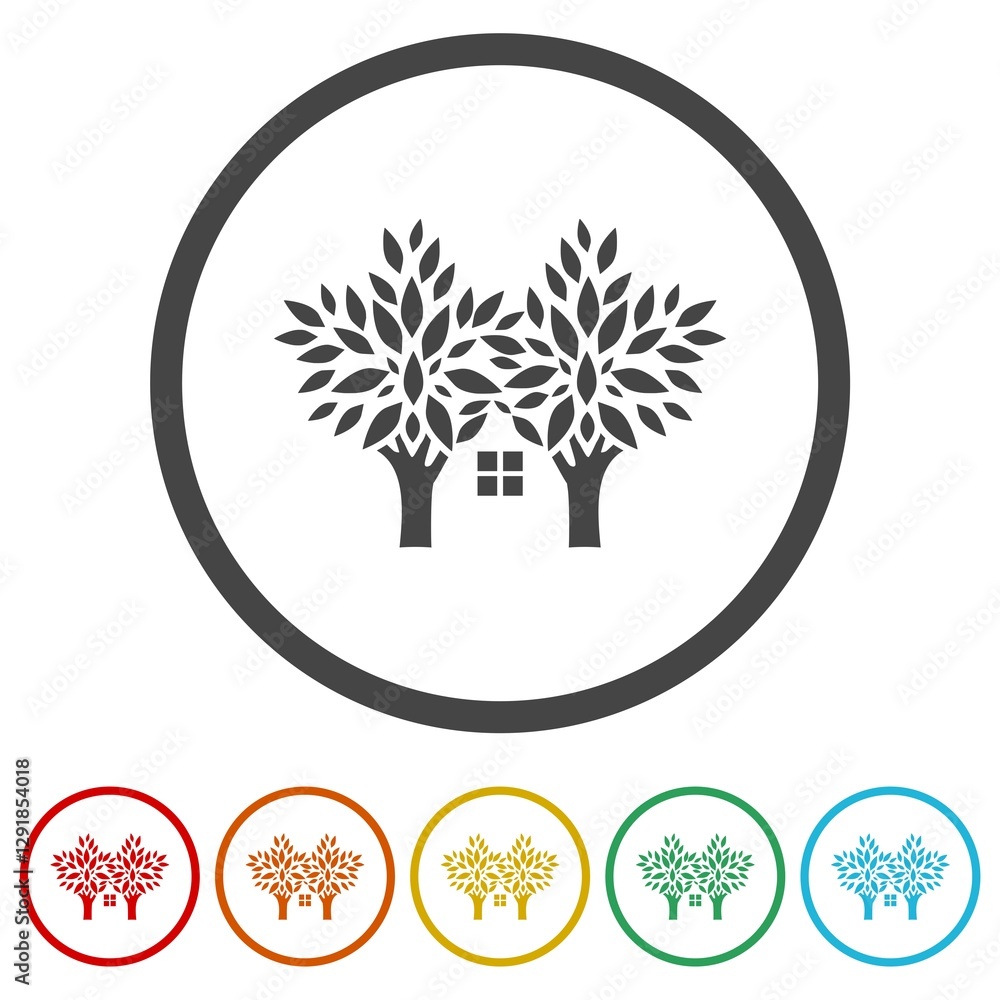 Poster house and tree icon. set icons in color circle buttons